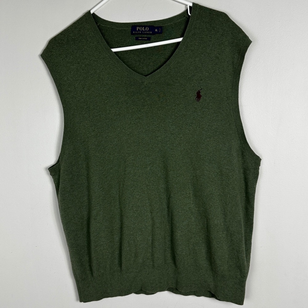 Ralph Lauren Mens Sweater Vest Green Pony Size XL V-Neck Pima Cotton Preppy Knit